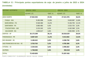 Principais portos exportadores de soja: de janeiro a julho de 2024